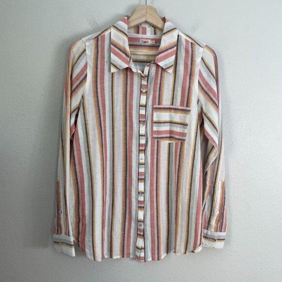 Faherty Womens Small Striped Linen Cotton Long Sleeve Button Up Shirt Top Blouse - Picture 1 of 8